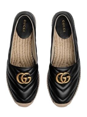 NWT GUCCI Charlotte GG Black Quilted Leather Espadrille Flats EU 8
